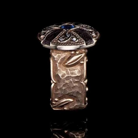 💥 Unisex Black Enamel Signet Ring Rose Gold Blue Fashion Ring, GPMB1486-7 - Picture 5 of 8